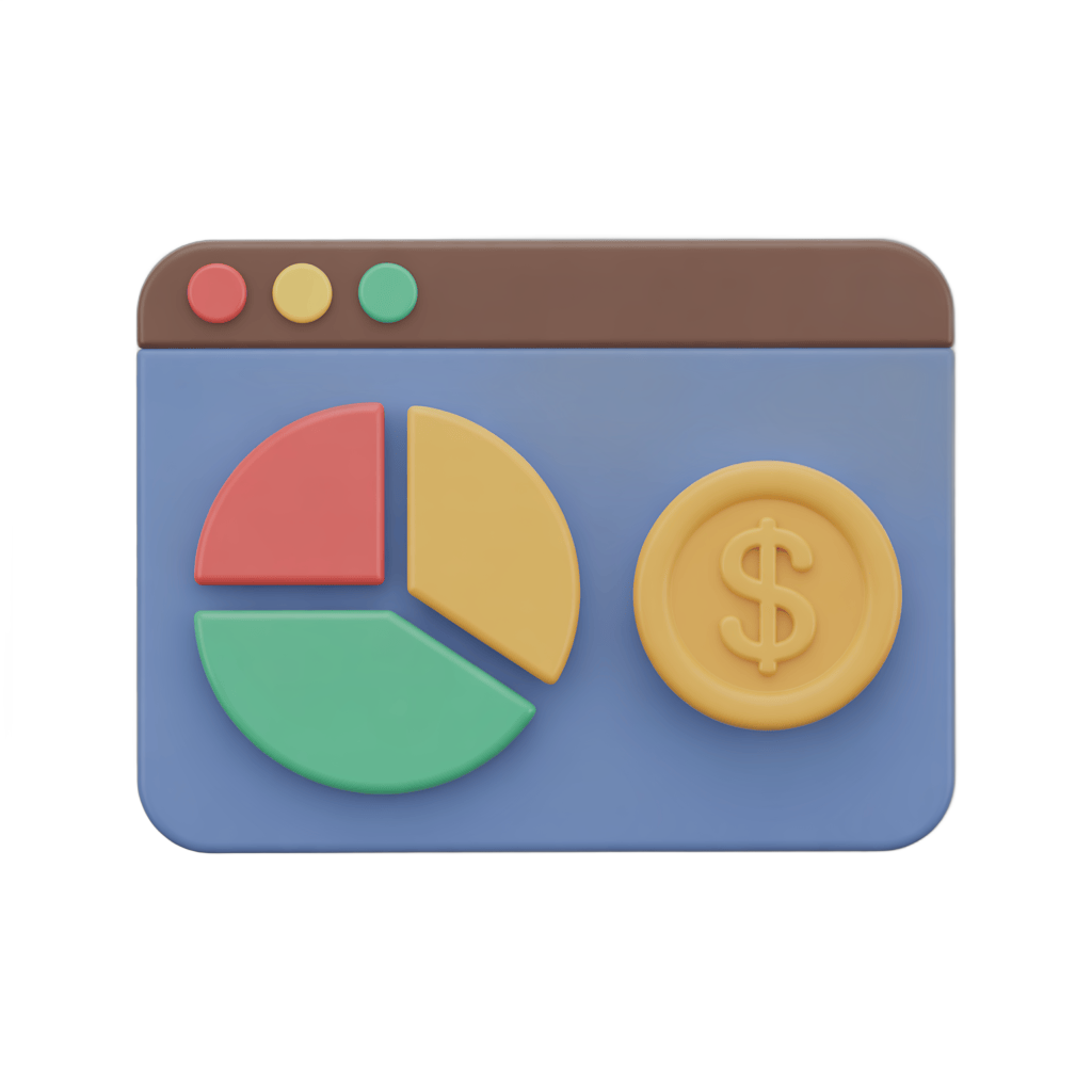 Isolated business analytics dashboard icon with pie chart and dollar sign for financial reports and presentations PNG - transparent background