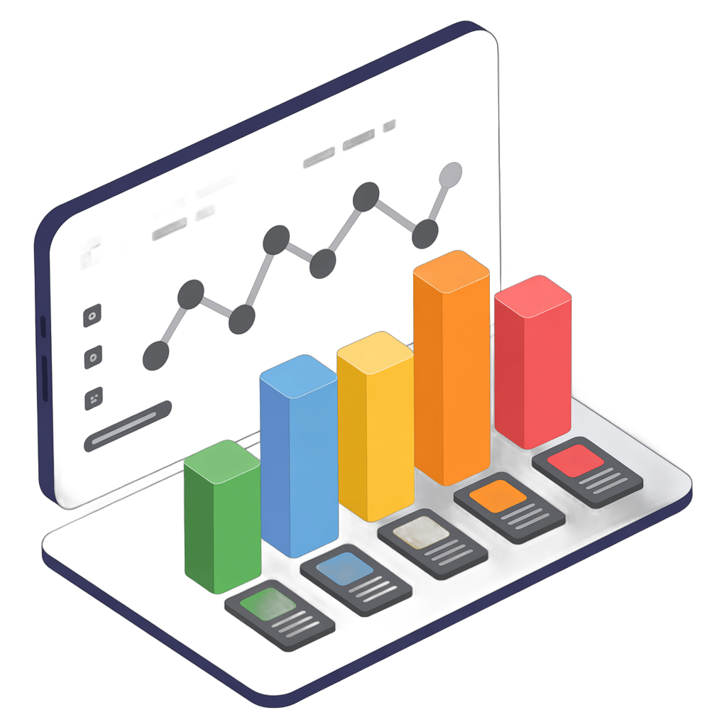 Isolated business analytics dashboard with bar chart and mobile devices for corporate presentations and reports PNG - transparent background