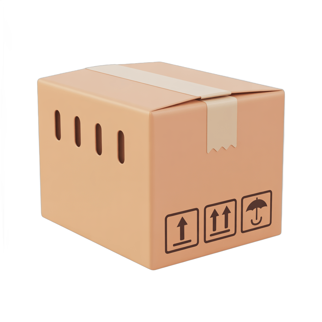 Isolated cardboard box with shipping handling icons for ecommerce delivery packaging design PNG - transparent background