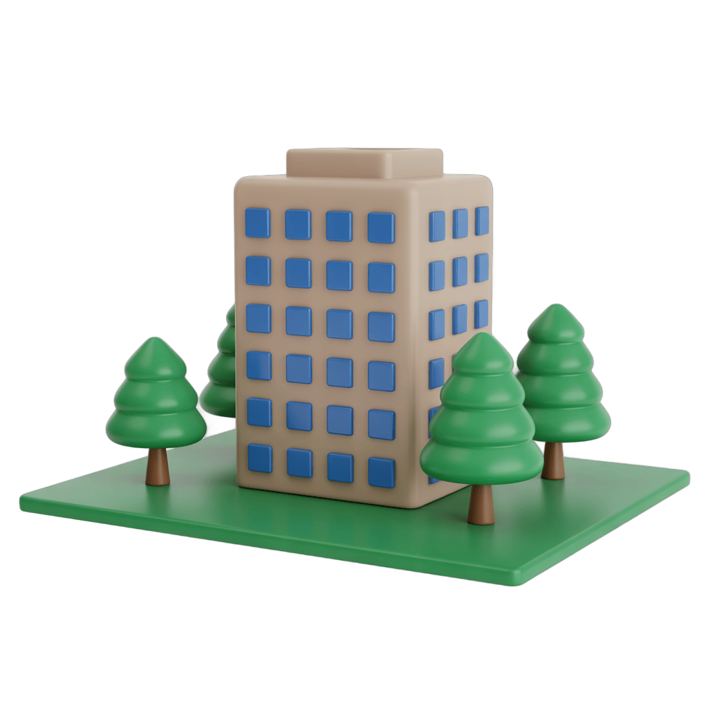 Isolated cartoon building with trees clipart for presentations and digital designs PNG - transparent background