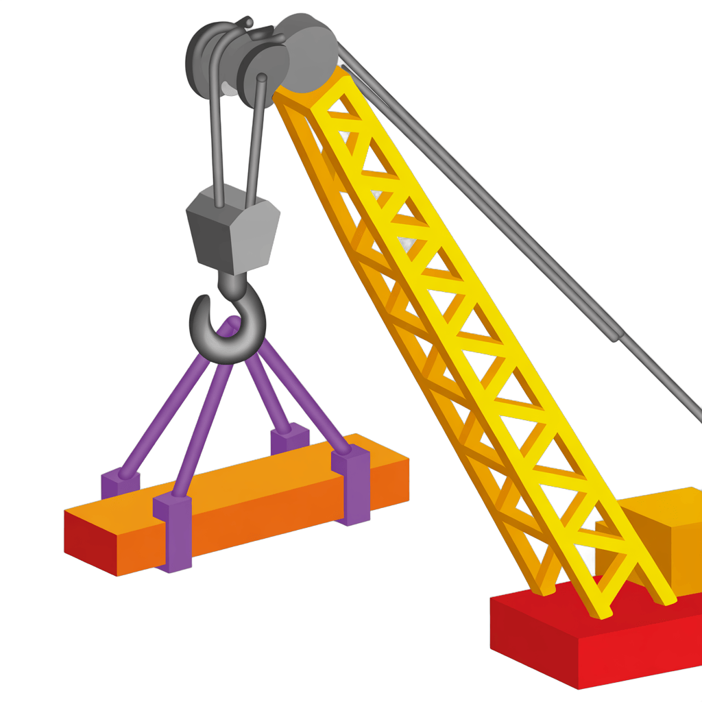 Isolated clipart crane lifting heavy construction block with purple hook for industrial design projects PNG - transparent background