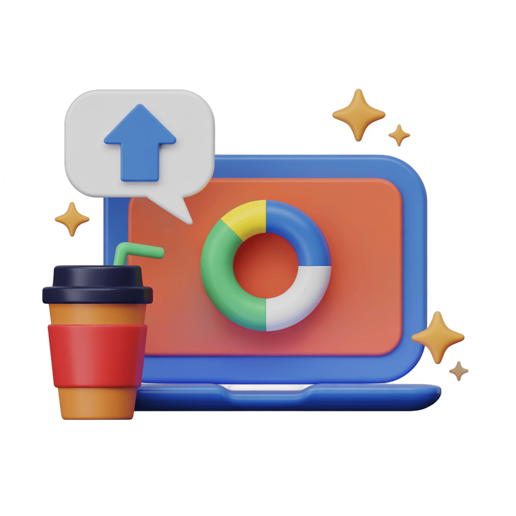 Isolated clipart of coffee cup with drink and upward arrow on laptop screen with life preserver icon PNG - transparent background
