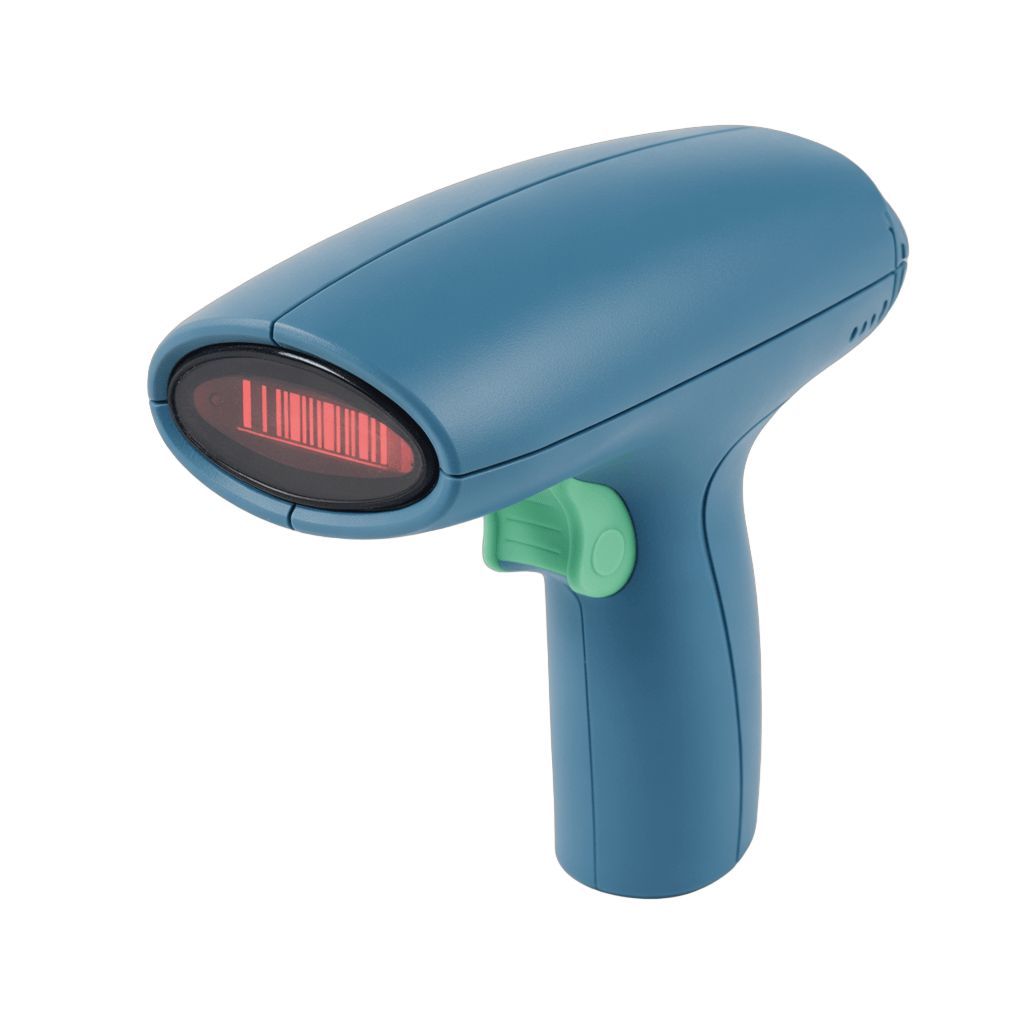 Isolated clipart of handheld barcode scanner with illuminated red light for retail inventory management PNG - transparent background