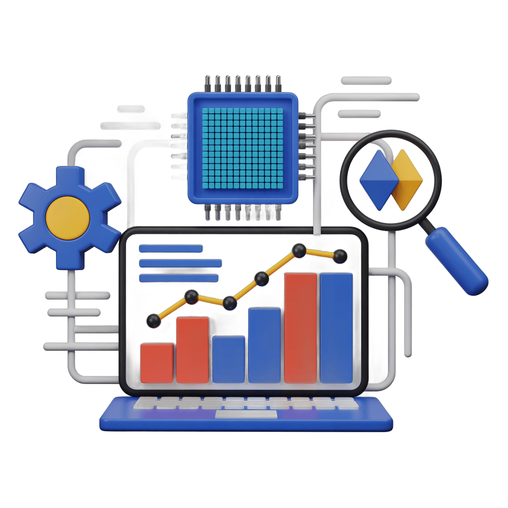 Isolated clipart of laptop with analytics chart and circuit board components for business presentations PNG - transparent background