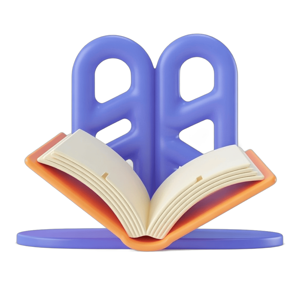 Isolated clipart of open hardcover book supported by blue bookend stand for educational and office graphics PNG - transparent background