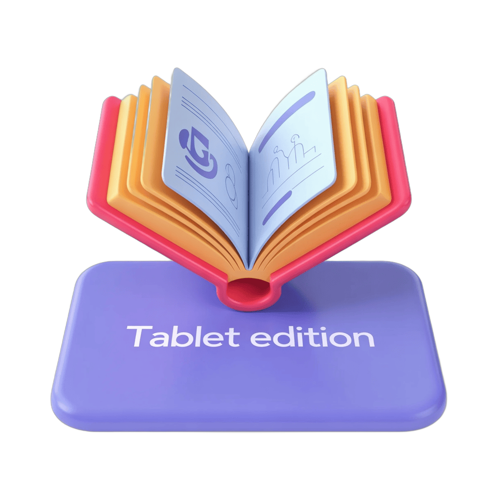 Isolated clipart of open tablet book edition on digital device for educational marketing materials PNG - transparent background