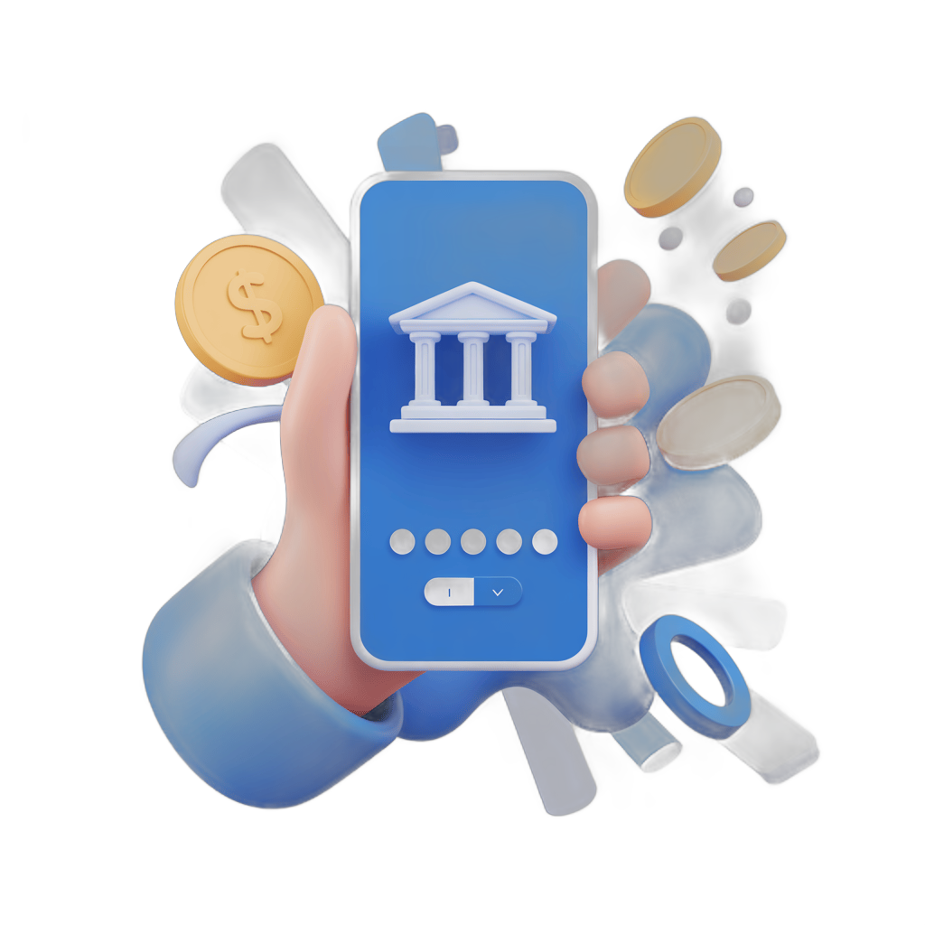 Isolated clipart of smartphone showing banking app with coins and dollar signs floating around PNG - transparent background