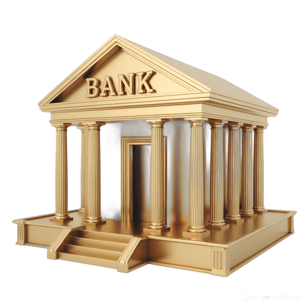 Isolated gold 3d bank building illustration for financial presentations and corporate branding PNG - transparent background