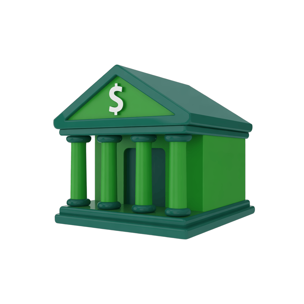 Isolated green 3d bank building clipart with dollar sign for financial business presentations PNG - transparent background