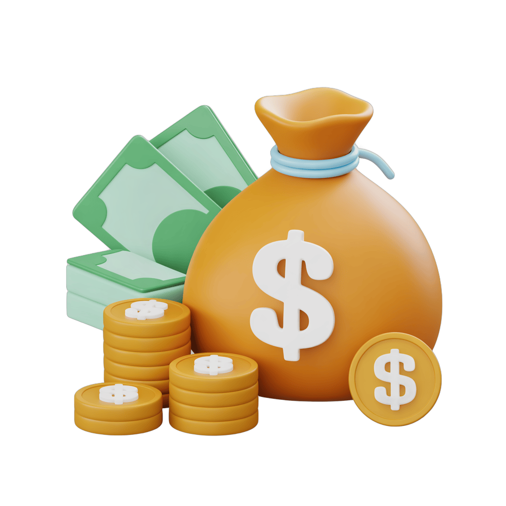 Isolated money bag with dollar sign surrounded by cash stacks and coins for financial graphics PNG - transparent background