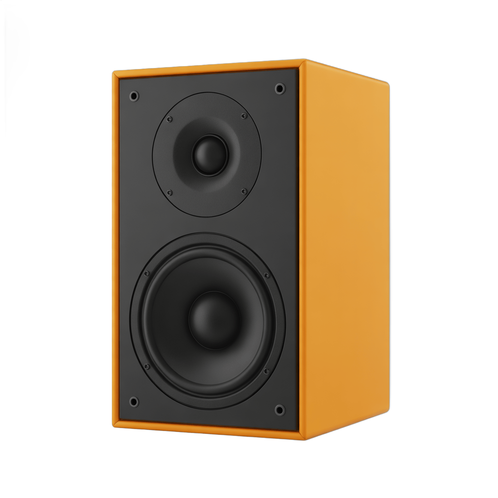 Isolated mustard yellow bookshelf speaker with black woofers for home audio setup PNG - transparent background