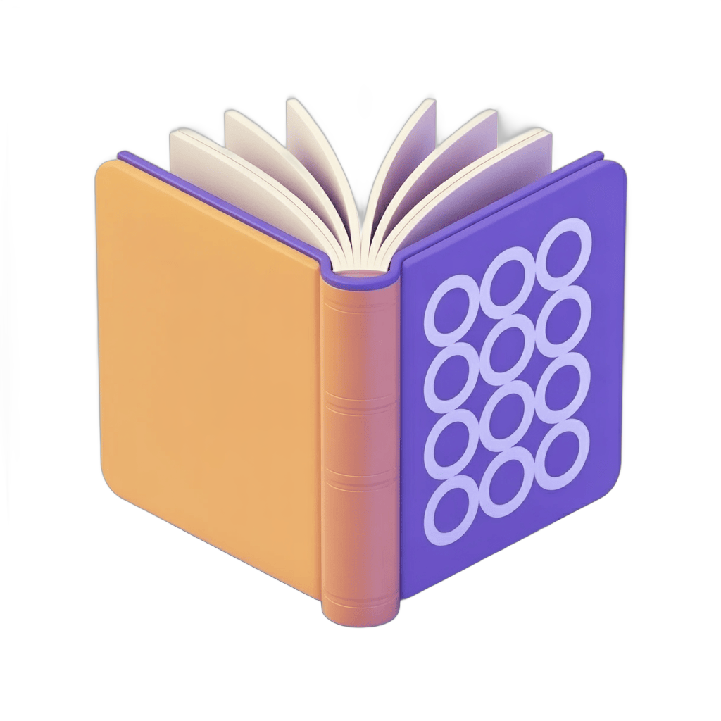 Isolated open hardcover book with circular pattern on purple cover for editorial and graphic design PNG - transparent background