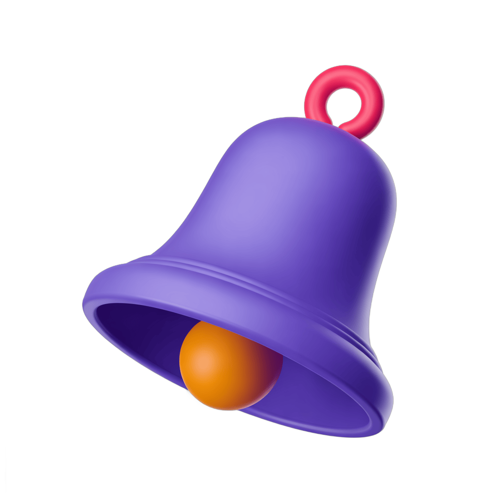 Isolated purple bell with orange clapper graphic element for notifications alerts and alerts icons PNG - transparent background