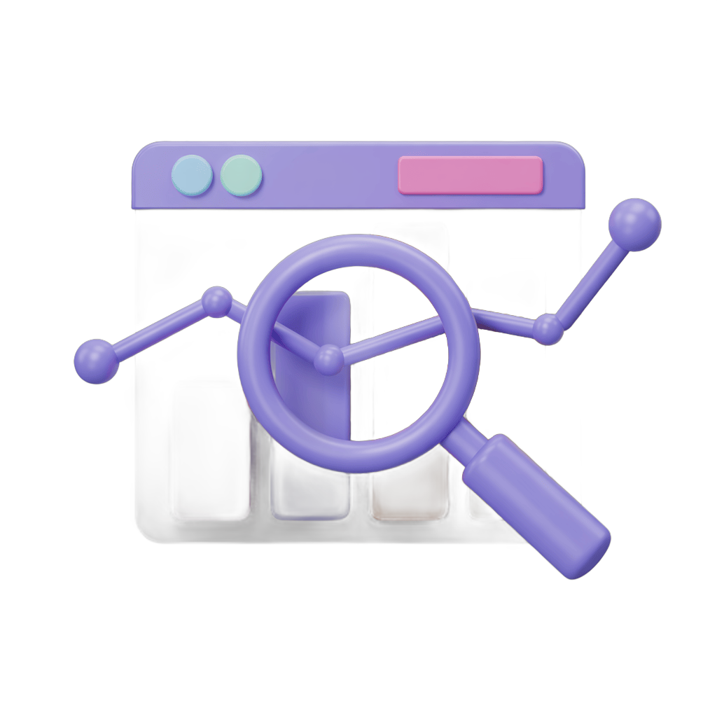 Isolated purple magnifying glass analyzing bar chart growth on laptop screen clipart for business presentations PNG - transparent background