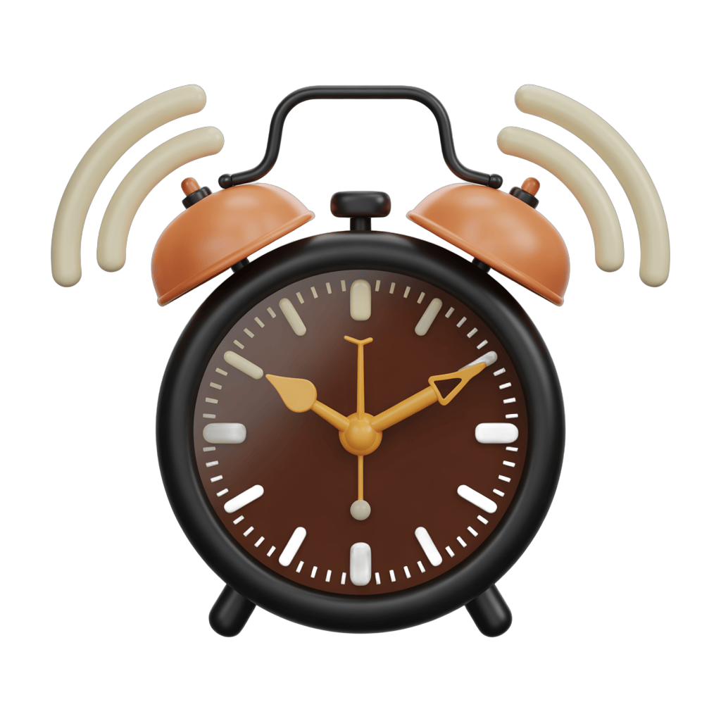 Isolated transparent alarm clock with sound waves for time management and productivity designs PNG - transparent background
