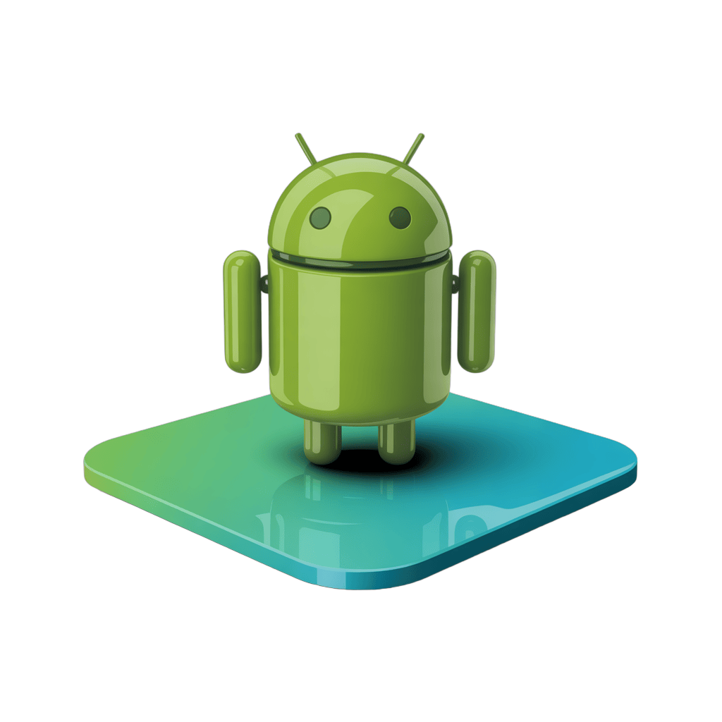 Isolated transparent android robot mascot icon on blue tablet base for mobile app design PNG - transparent background