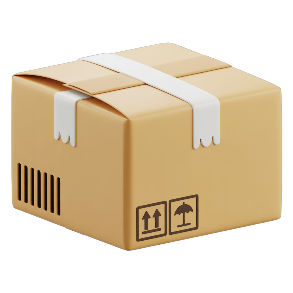 Isolated transparent background clipart of a sealed cardboard shipping box with handling symbols PNG - transparent background