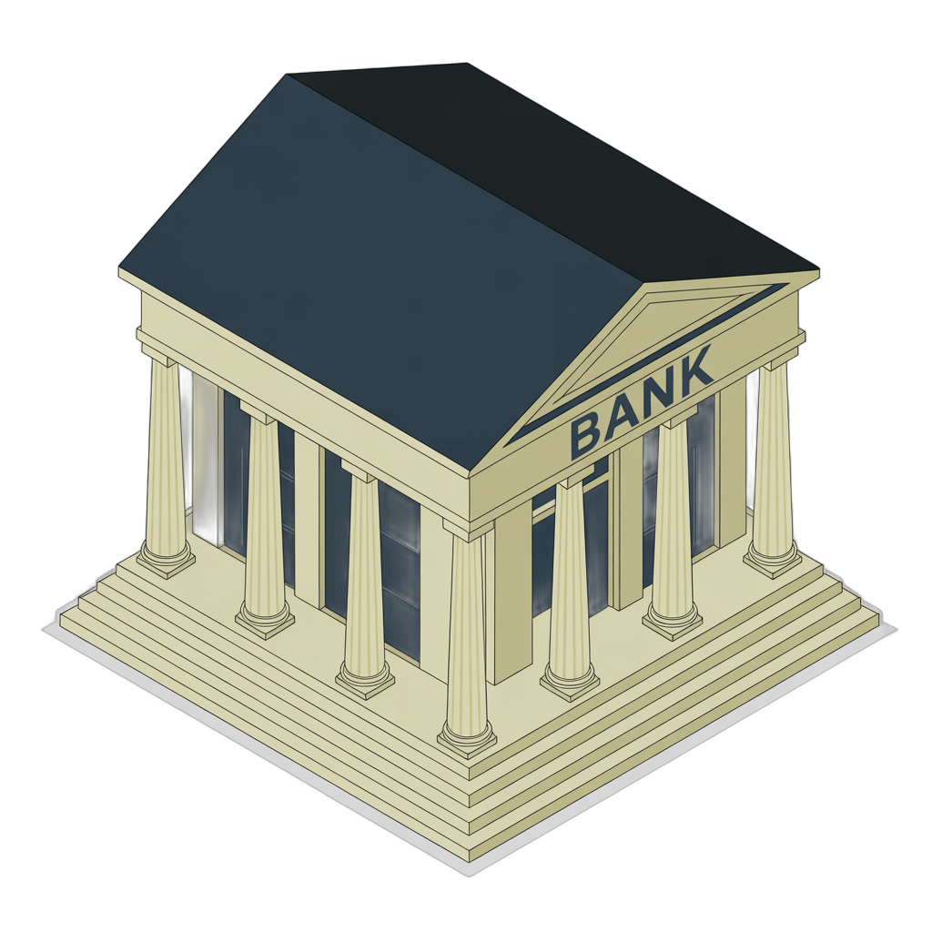 Isolated transparent clipart illustration of a classical bank building with pillars and sign for presentations and marketing PNG - transparent background
