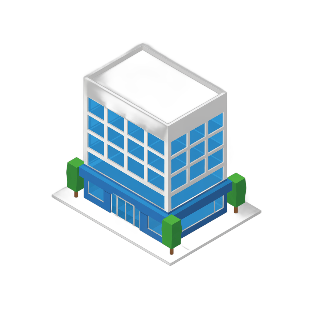 Isolated transparent clipart of modern multi-story commercial building with glass windows and green trees PNG - transparent background