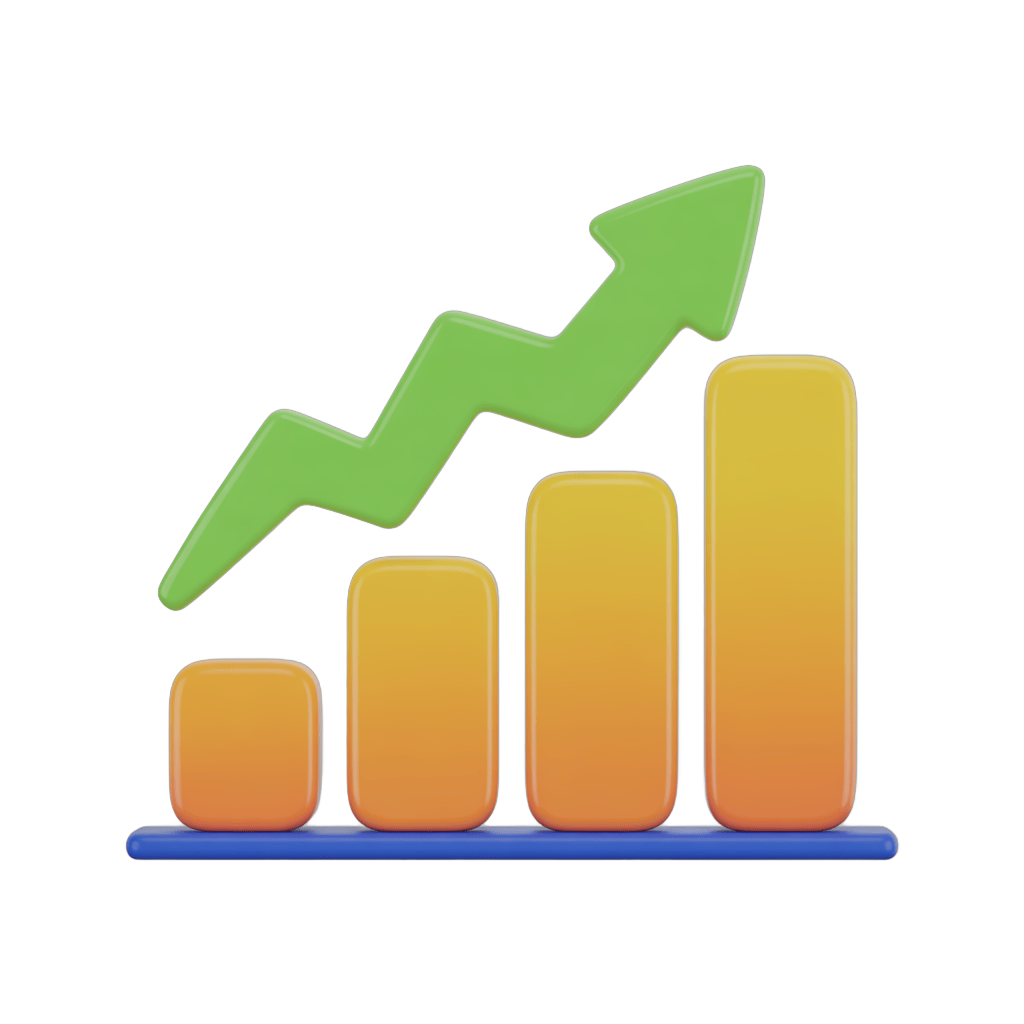 Isolated transparent clipart of upward growth bar chart with increasing green arrow for business presentations PNG - transparent background