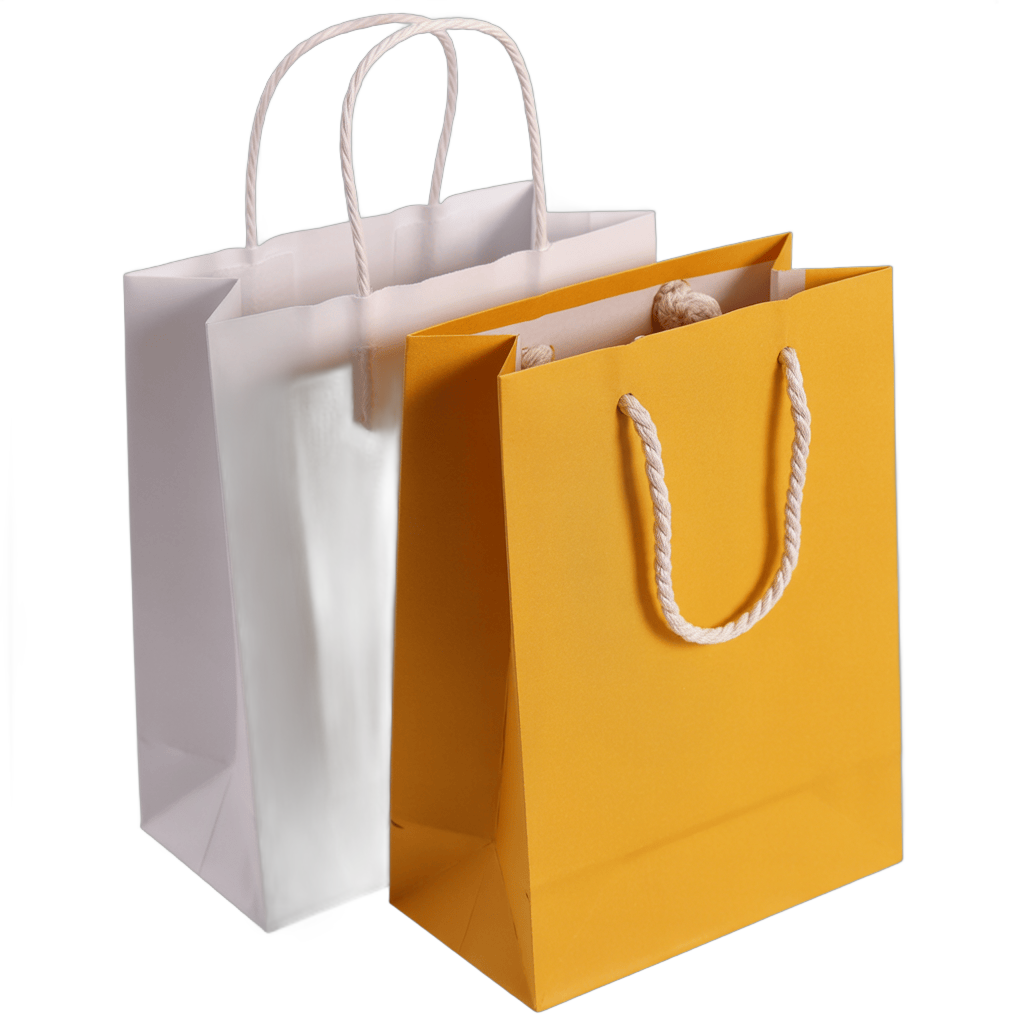 Isolated transparent shopping bags with handles for gift packaging and ecommerce product display PNG - transparent background
