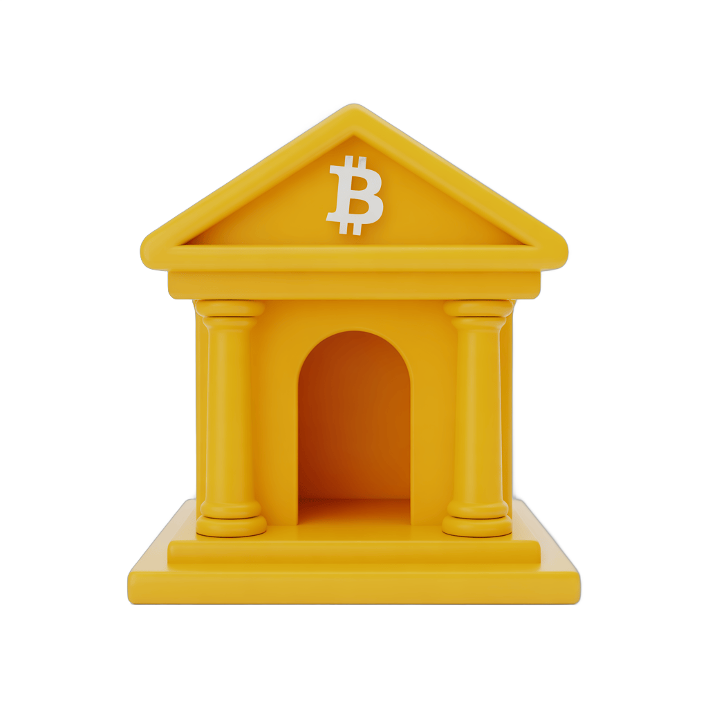 Isolated yellow 3d bitcoin bank graphic element for cryptocurrency financial presentations and marketing PNG - transparent background