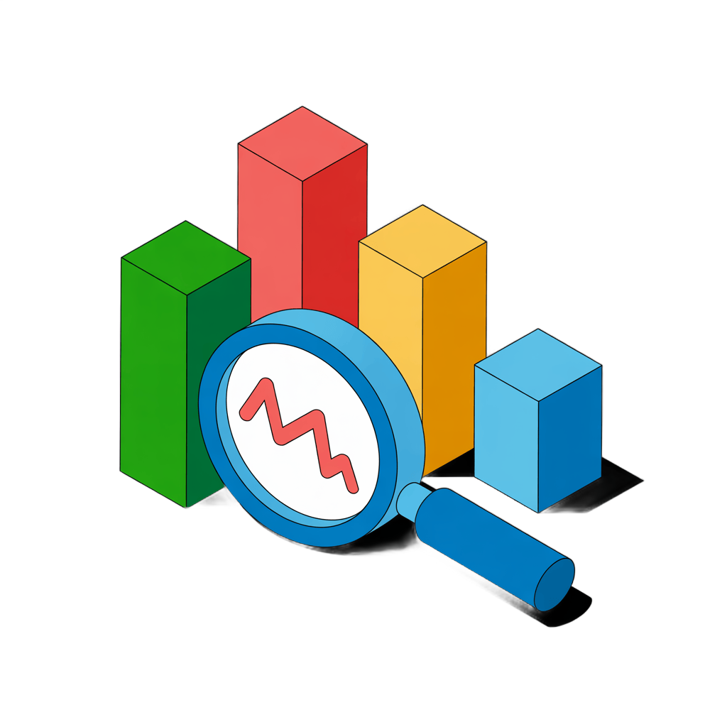 Isometric bar chart with magnifying glass showing growth trend for business analytics presentation slides PNG - transparent background
