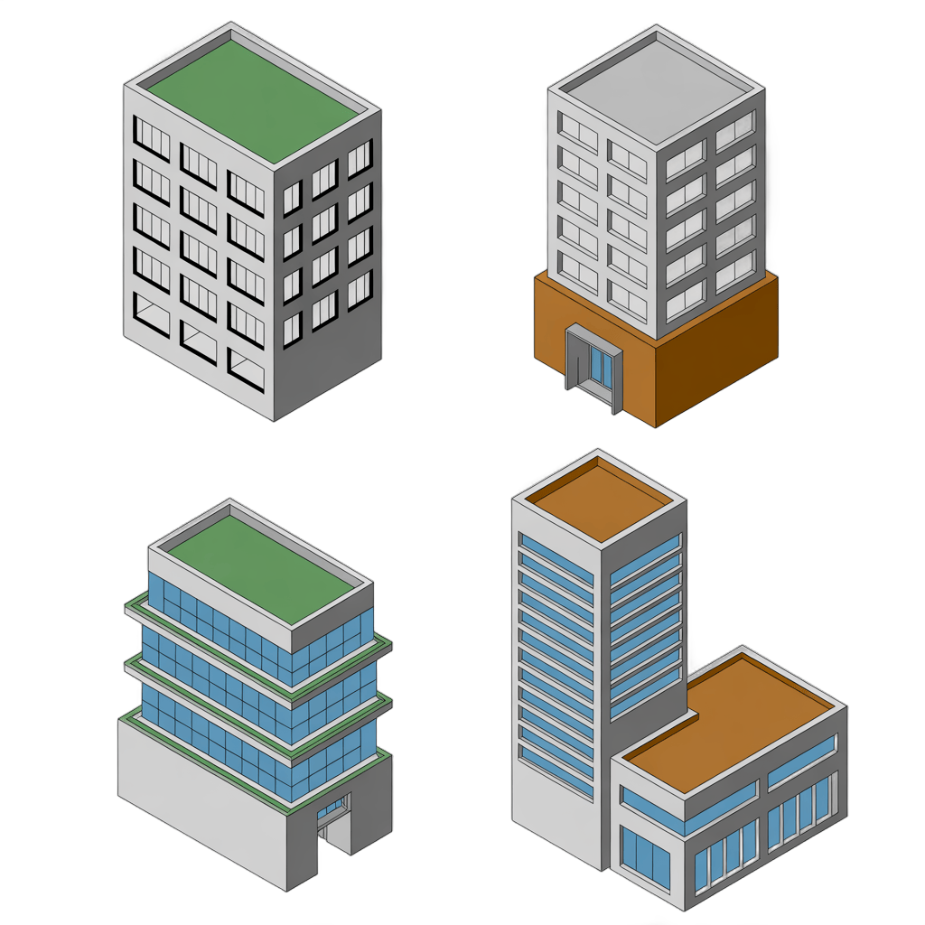 Isometric clipart buildings illustration set for presentations and commercial designs PNG - transparent background