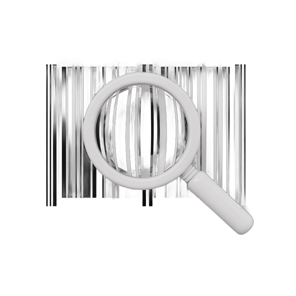 Magnifying glass inspecting barcode graphic element for product scanning and verification PNG - transparent background