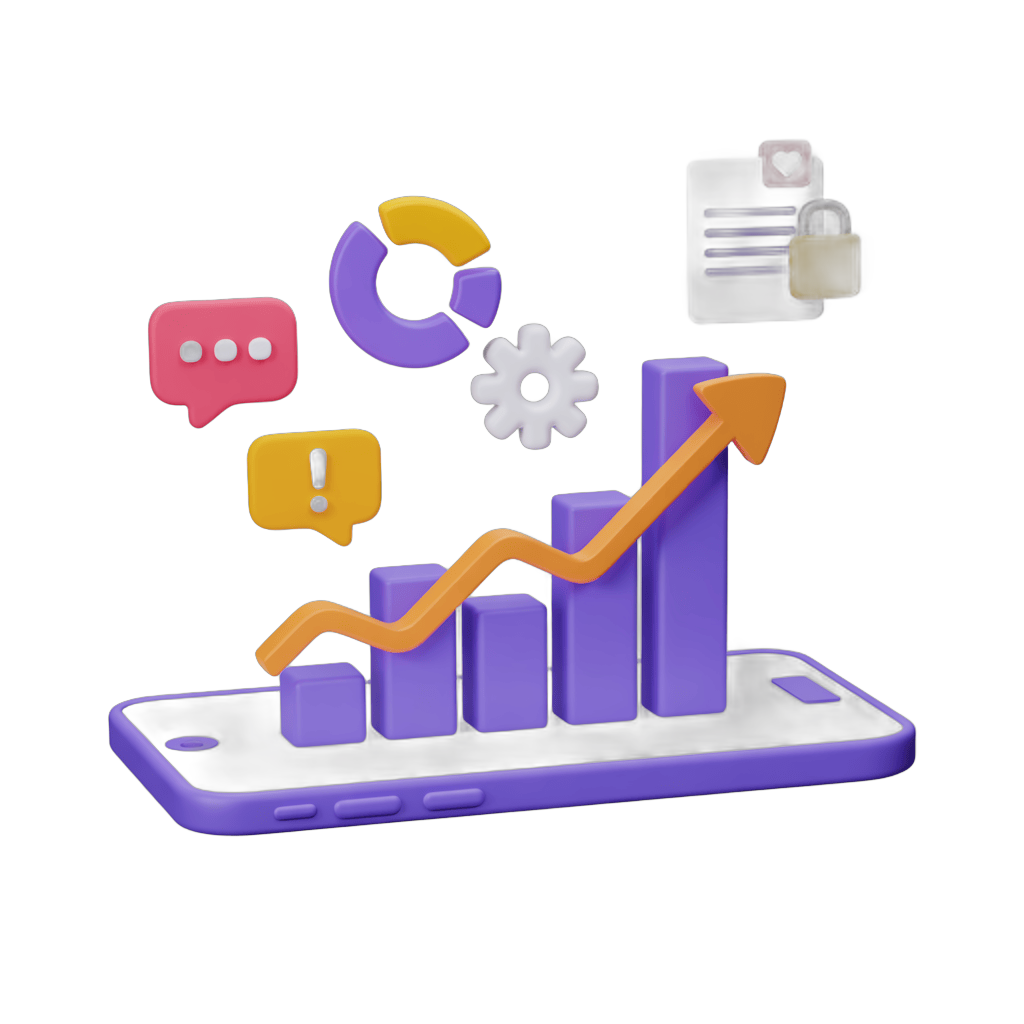 Mobile analytics dashboard with growth chart icons for business success and secure communication PNG - transparent background