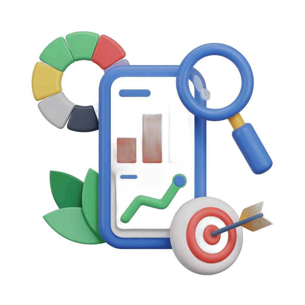 Mobile analytics dashboard with growth chart target and magnifying glass for business success PNG - transparent background