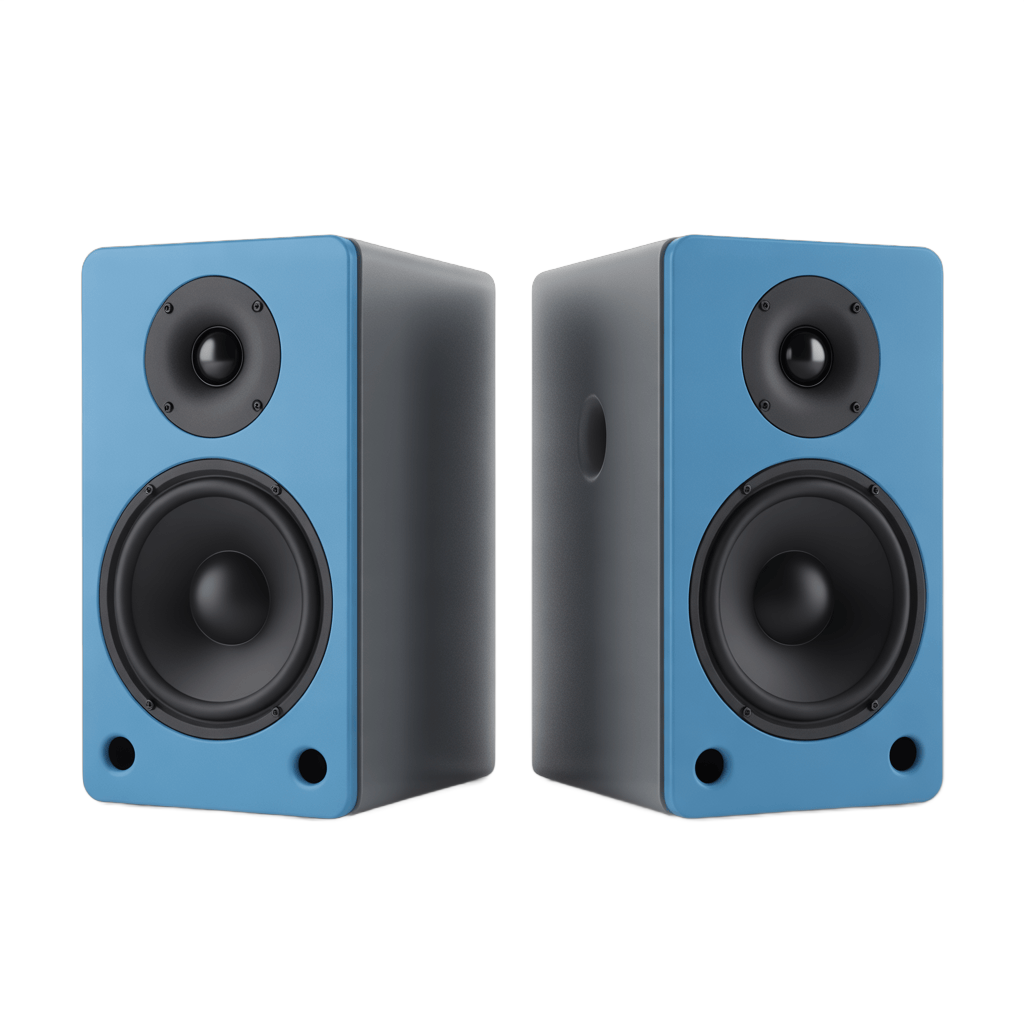 Modern blue and black studio speakers for home audio system setup PNG - transparent background