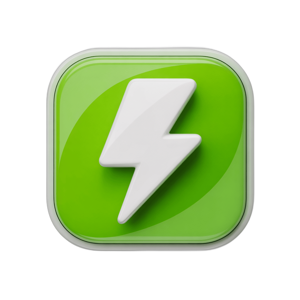 Modern green app icon with white lightning bolt symbol for energy efficiency and speed technology PNG - transparent background