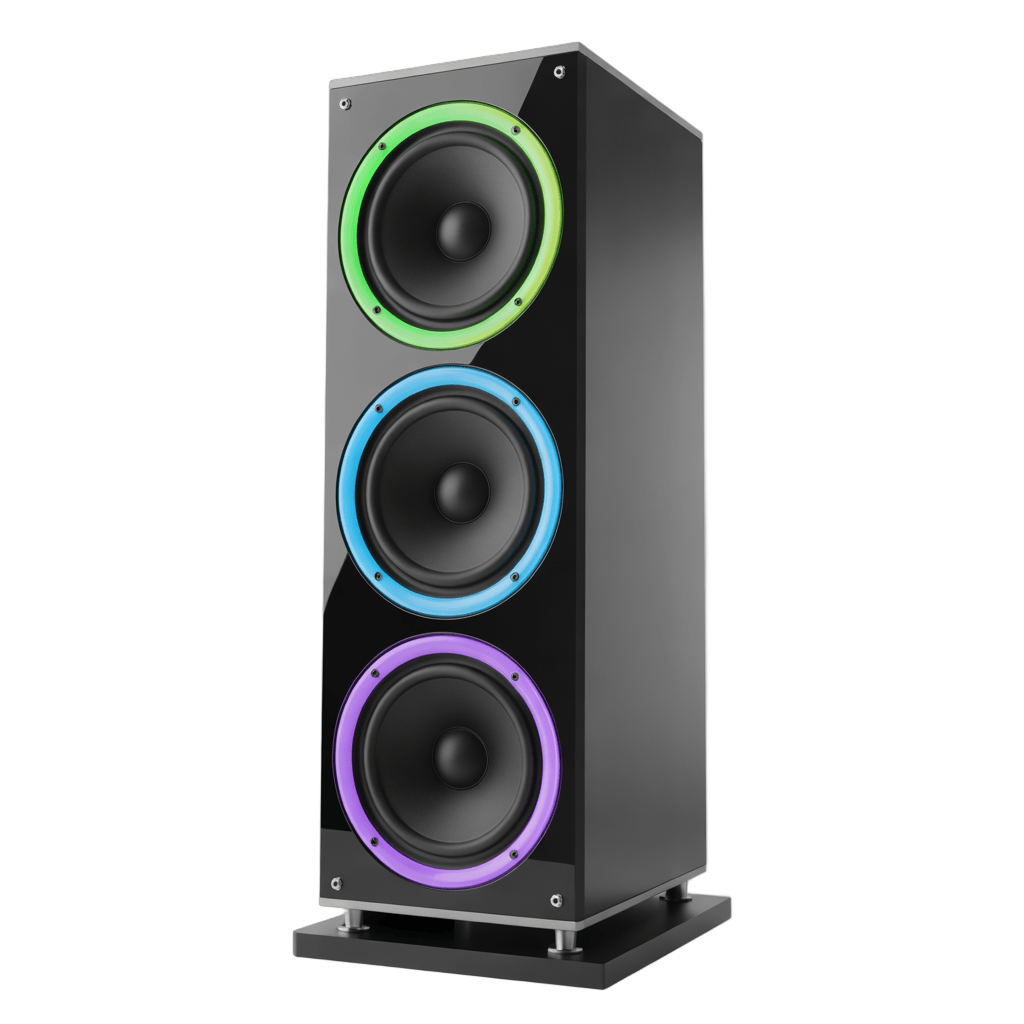 Modern three way speaker with neon ring accents isolated clipart graphic PNG - transparent background