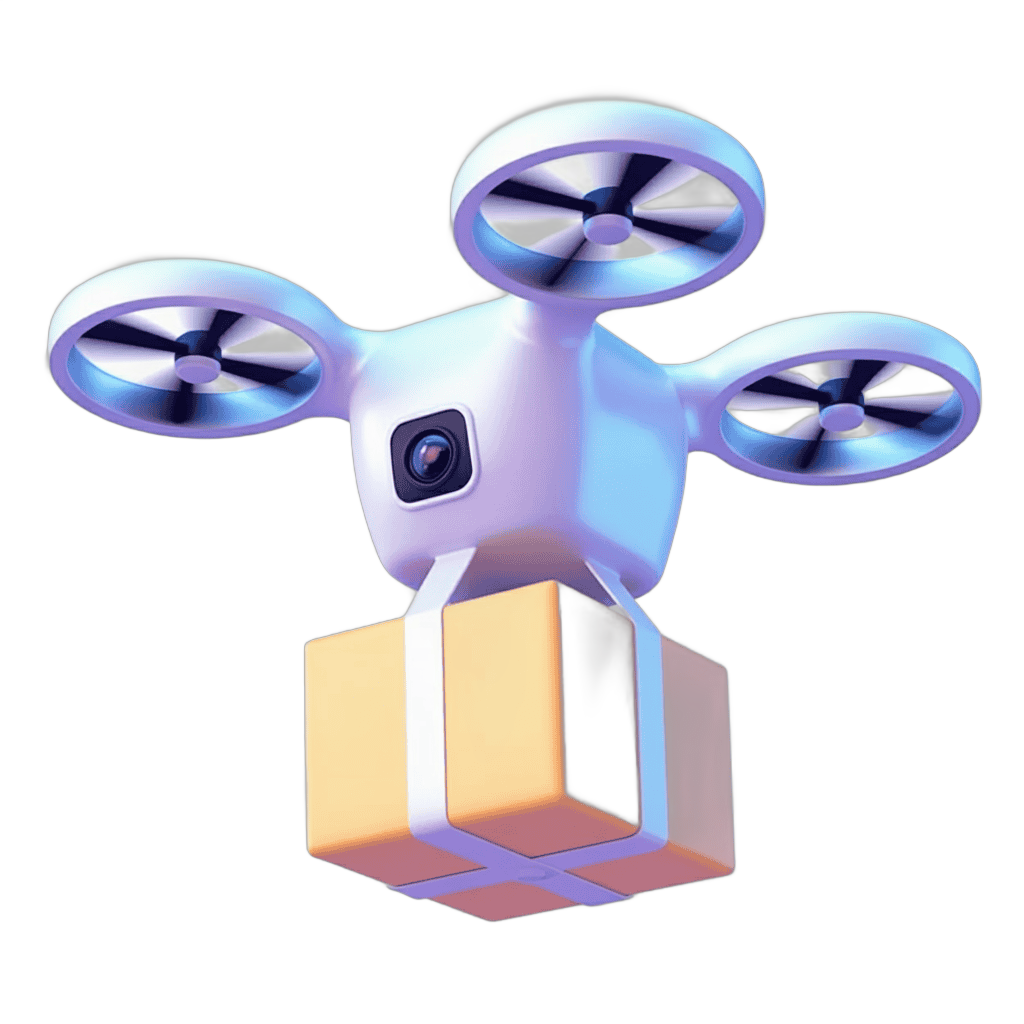 Modern white drone delivering package on golden box with transparent background PNG - transparent background