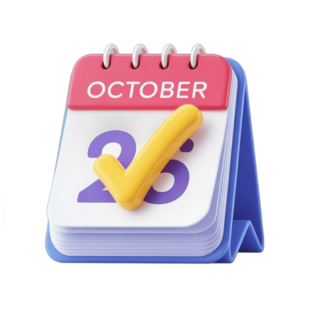 October 26th marked date calendar page with checkmark graphic element for event planning and reminders PNG - transparent background