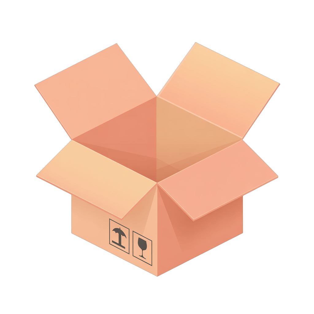 Open cardboard box with fragile and wine handling labels for shipping and delivery packaging design PNG - transparent background