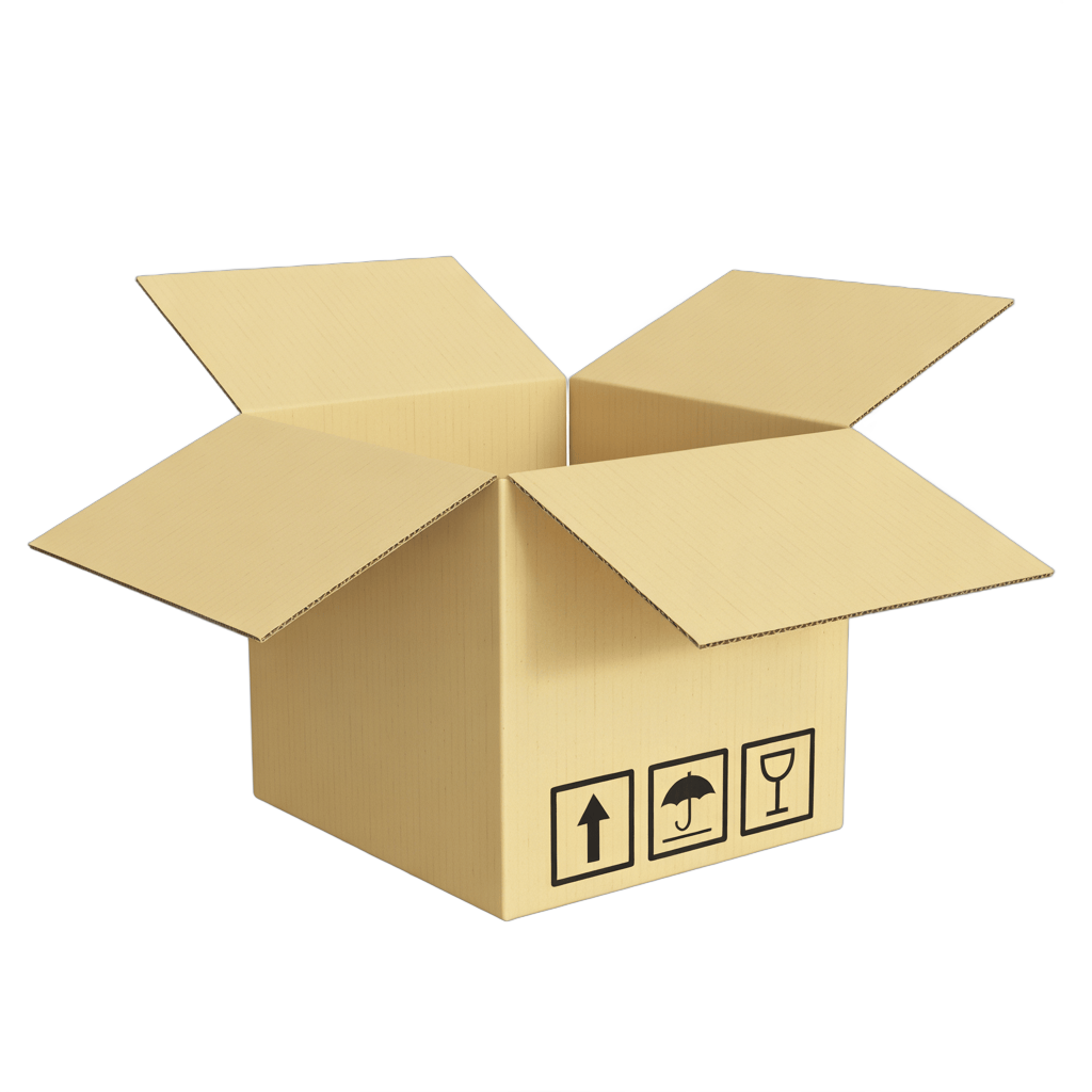 Open cardboard box with fragile liquid and handling icons for shipping packaging design PNG - transparent background