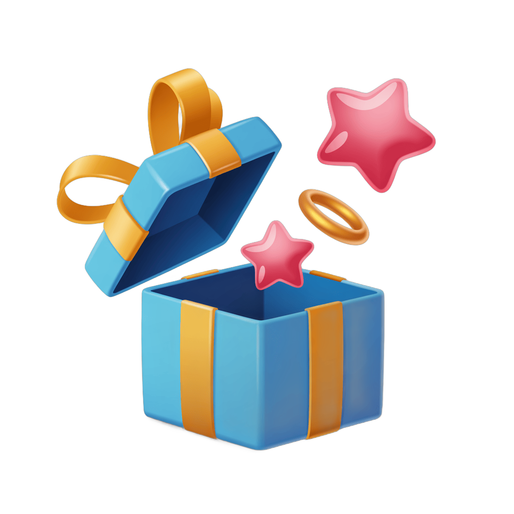 Open gift box with colorful stars and ribbon for celebration and surprise presentation PNG - transparent background