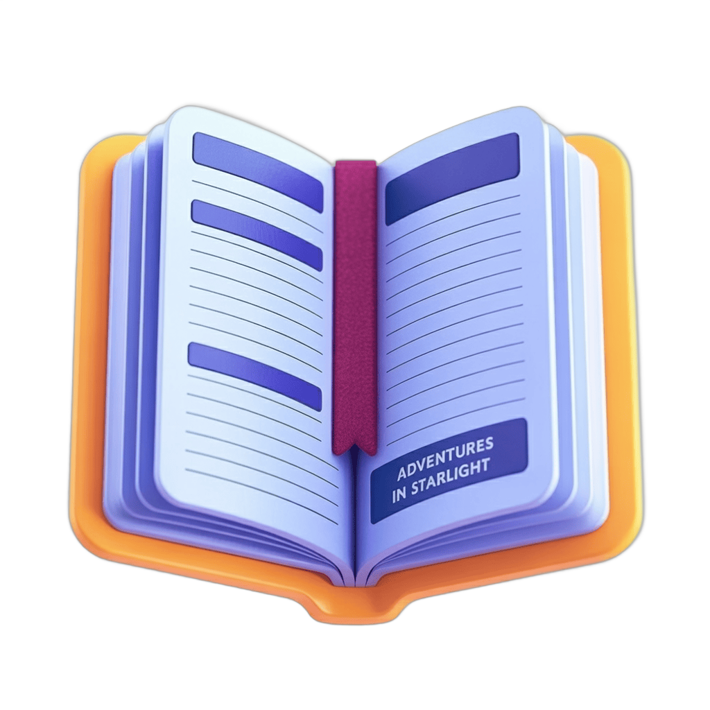 Open hardcover book with bookmark showing adventures in starlight for fantasy children stories illustration PNG - transparent background