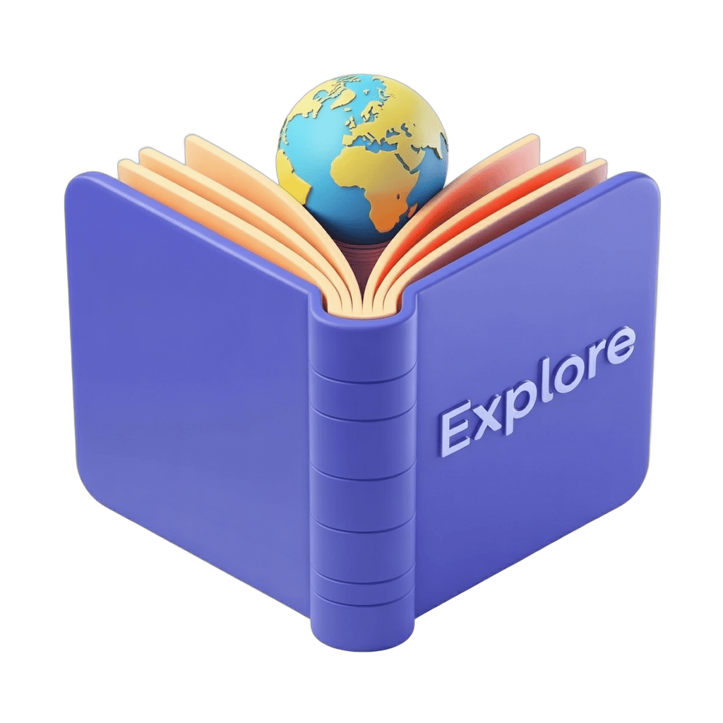 Open hardcover book with globe illustration for travel education and exploration concepts PNG - transparent background