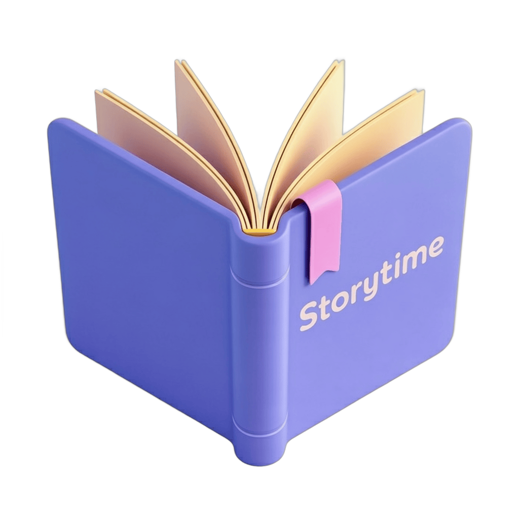 Open hardcover book with storytime label for children reading session illustration PNG - transparent background