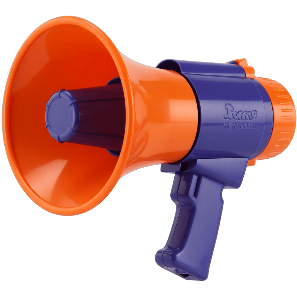 Orange and purple handheld megaphone for public announcements and events PNG - transparent background