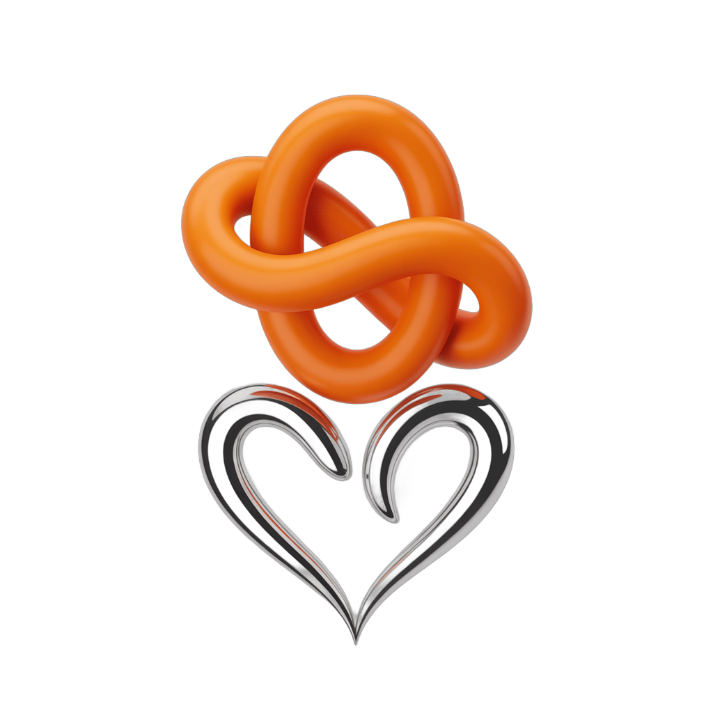 Orange pretzel knot with metallic heart clipart for love and romance graphic design PNG - transparent background