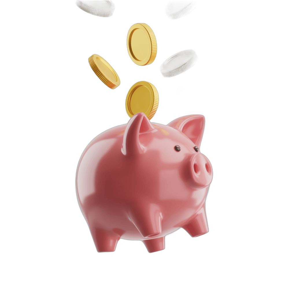 Pink piggy bank receiving gold coins floating in isolated transparent background PNG - transparent background