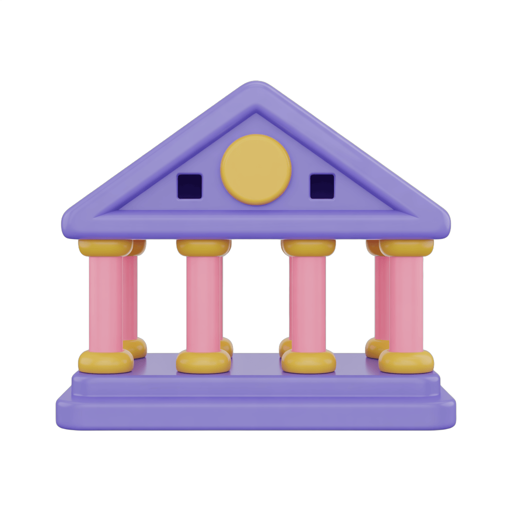 Playful cartoon building with columns and yellow circle window for children educational materials PNG - transparent background