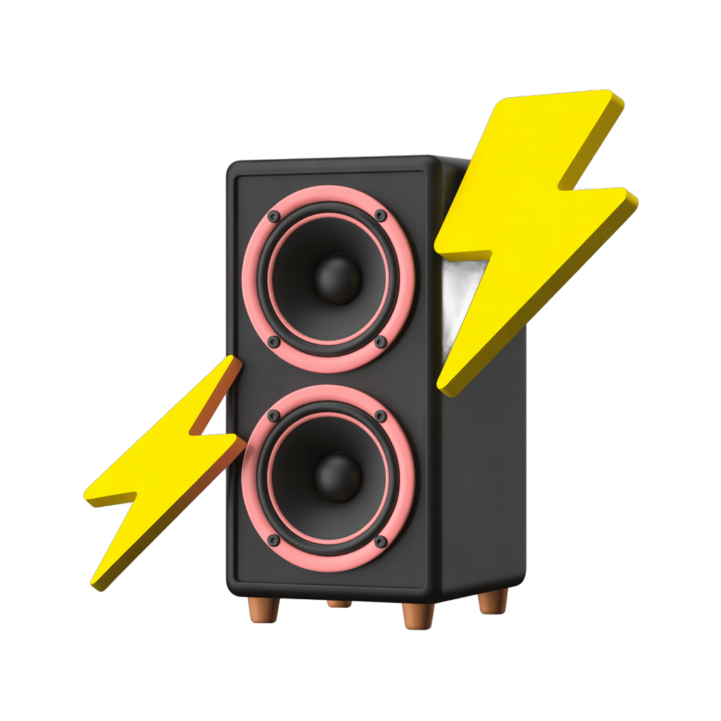Powerful speaker with lightning bolts graphic element for energy and sound effects PNG - transparent background