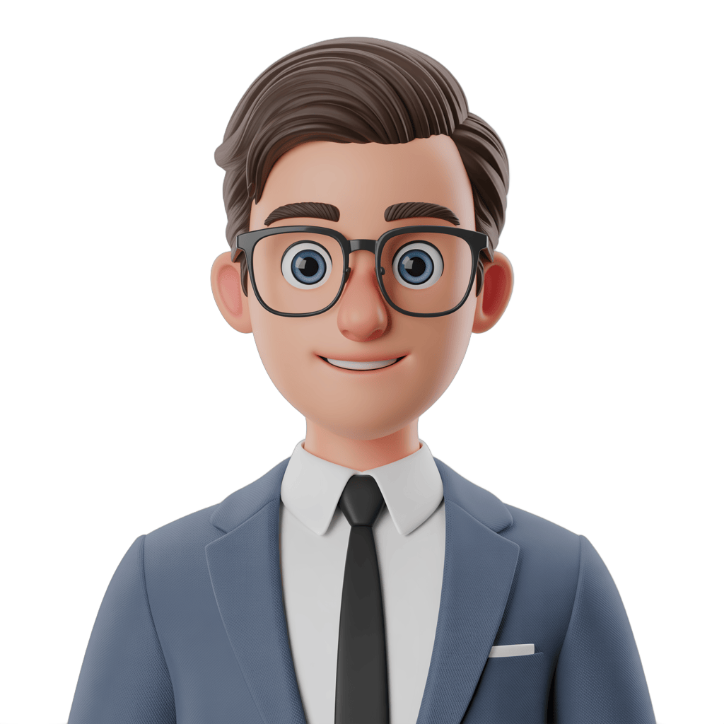 Professional cartoon businessman smiling in suit and tie for corporate presentations and branding PNG - transparent background