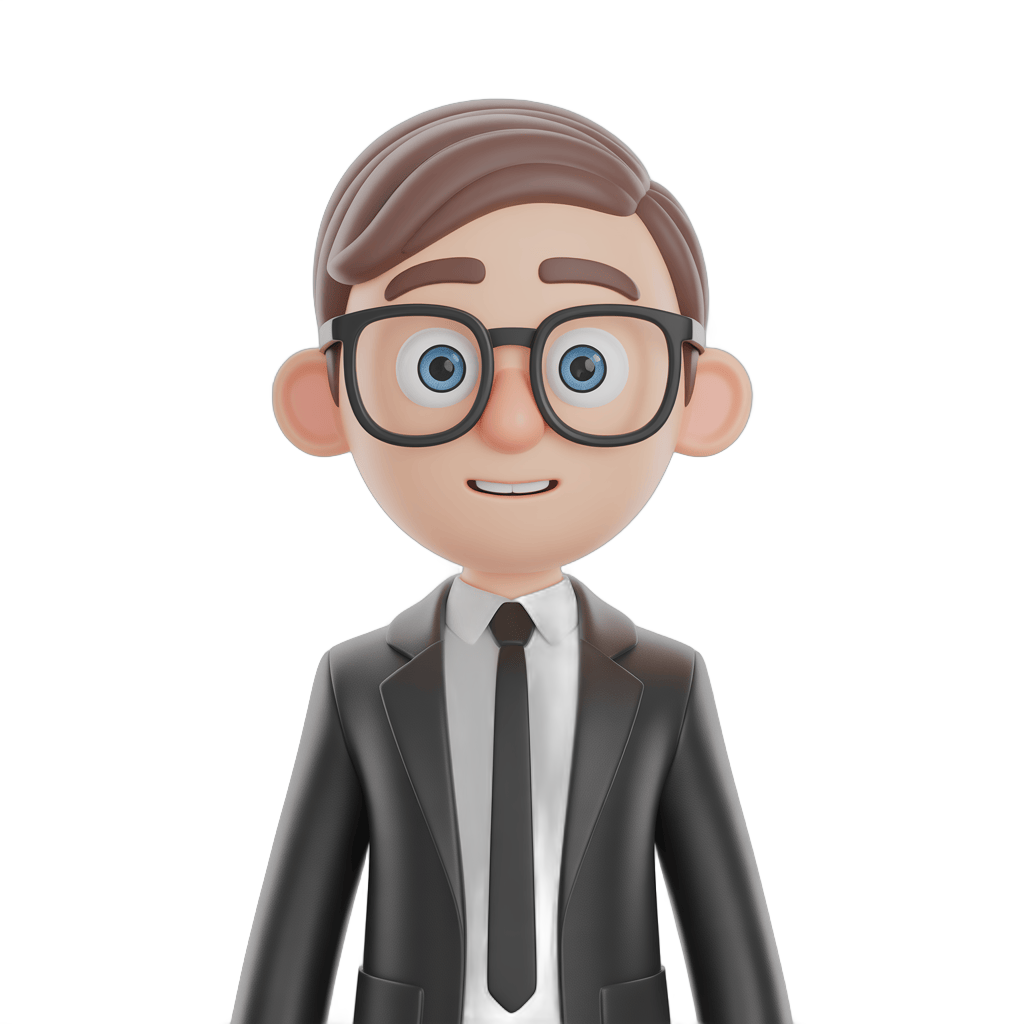 Professional cartoon businessman with glasses smiling for corporate presentations and business graphics PNG - transparent background