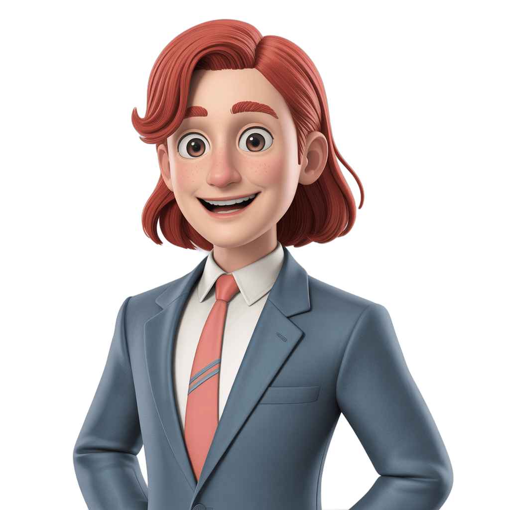 Professional cartoon businessman with red hair smiling in gray suit for presentations and corporate graphics PNG - transparent background